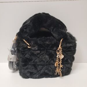 Aldo Black Faux Fur Mini Bag with Gold Accents